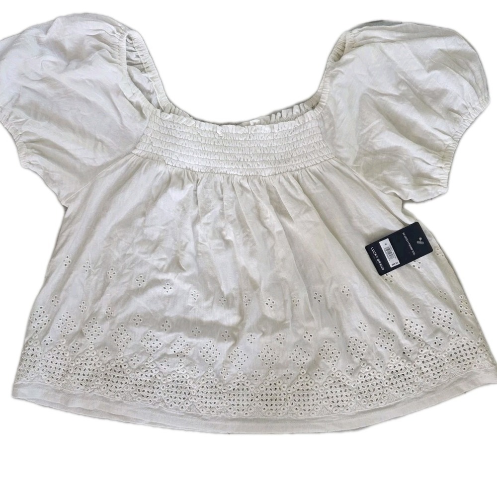 Lucky Brand Eyelet Peasant Top Medium NWT White Puff Sleeve Boho Cottagecore